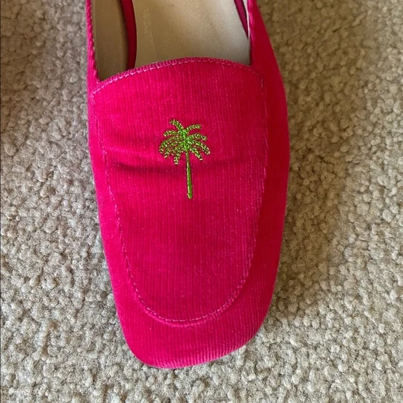 Lilly Pulitzer Vintage Dark Pink Corduroy Mules with Green Palm Trees sz 8.5 - Picture 3 of 10